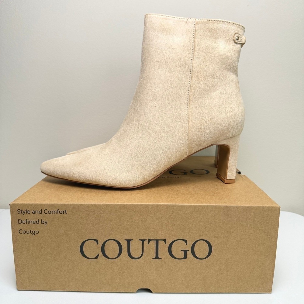 Coutgo Women's Beige Bootie Pointed Toe Chunky Block Heel Ankle Boots Size 10